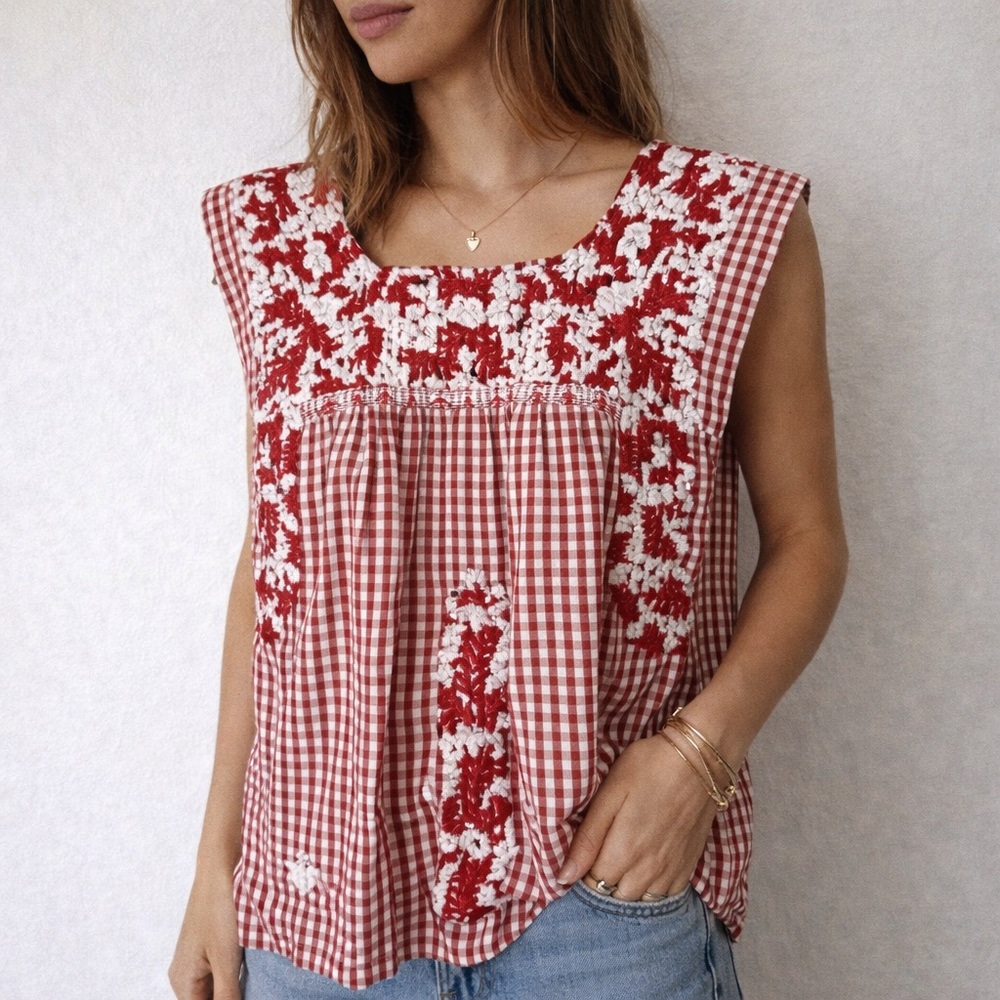 Red Gingham Embroidered Sleeveless Blouse